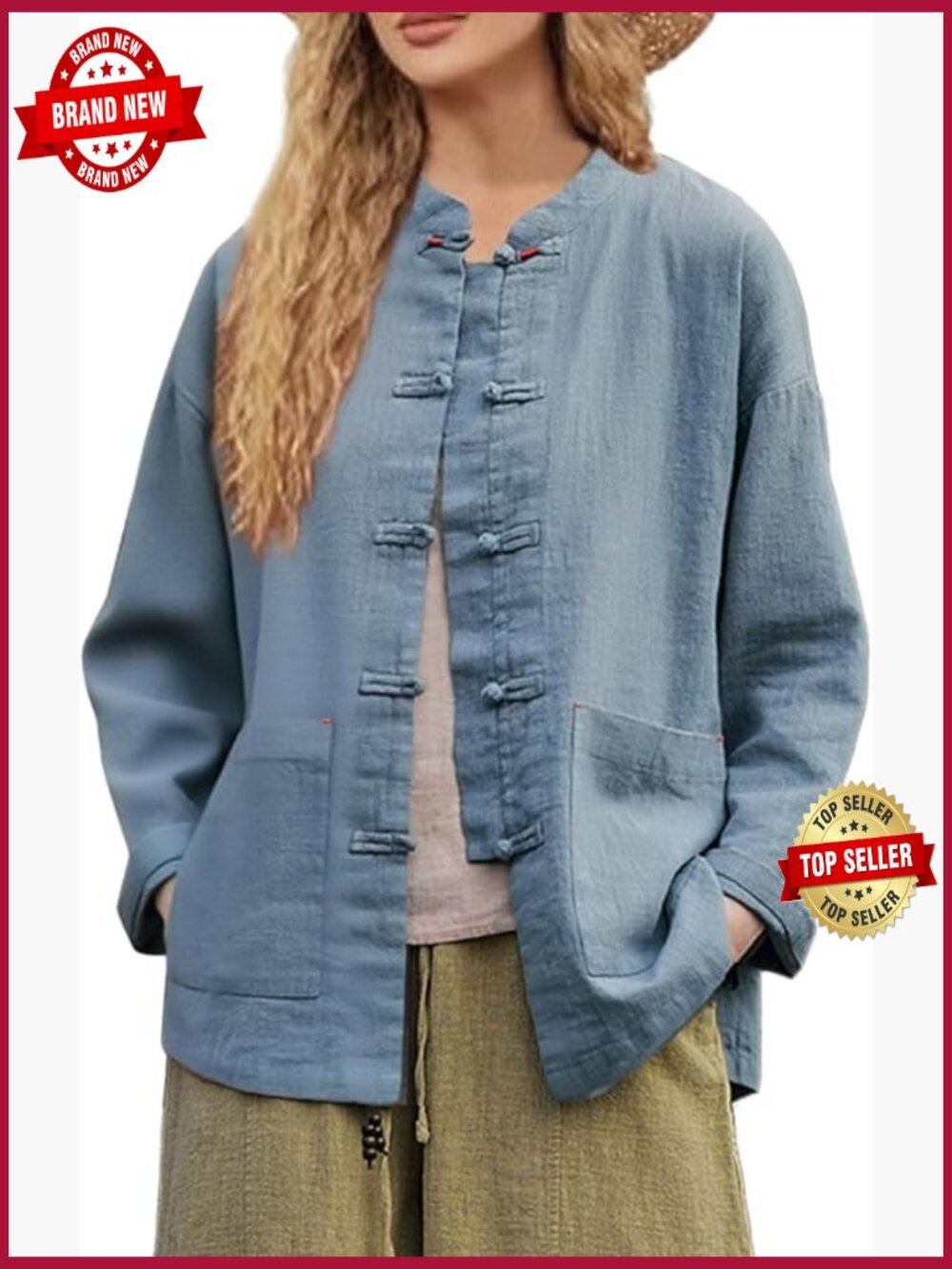 Vintage Linen Cotton Button Down Shirt Jacket Long Sleeve Blouse Tunic Top